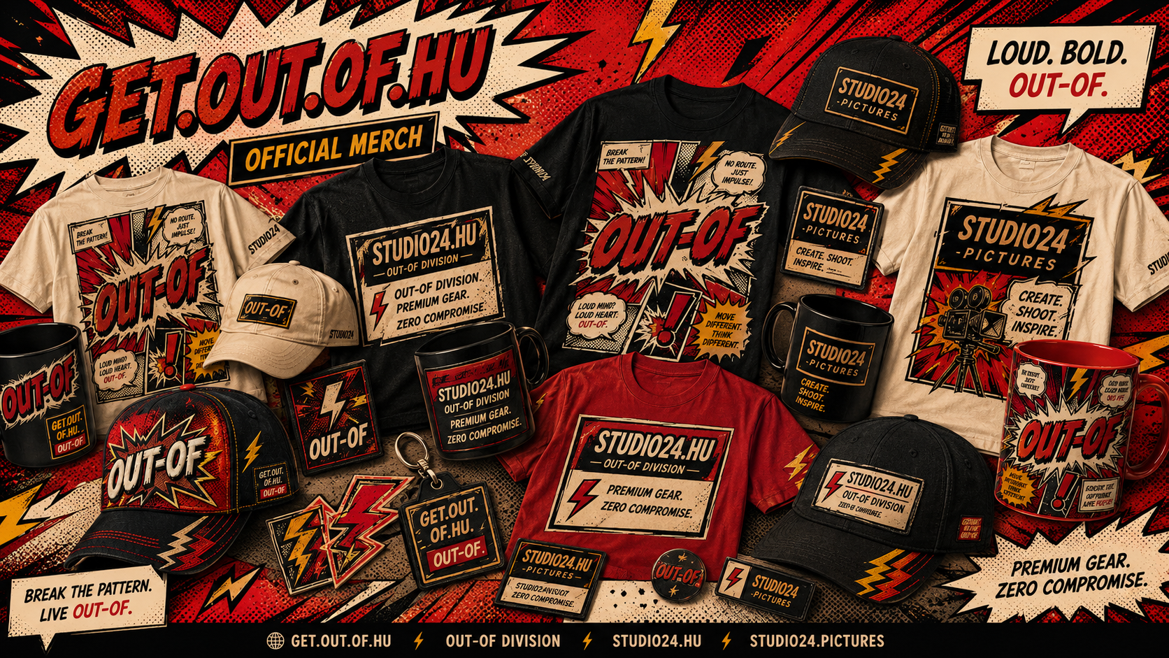 Comic-book style mixed merchandise hero image showing shirts, caps, mugs, and branded items for get.out-of.hu, Studio24.hu, and Studio24.pictures